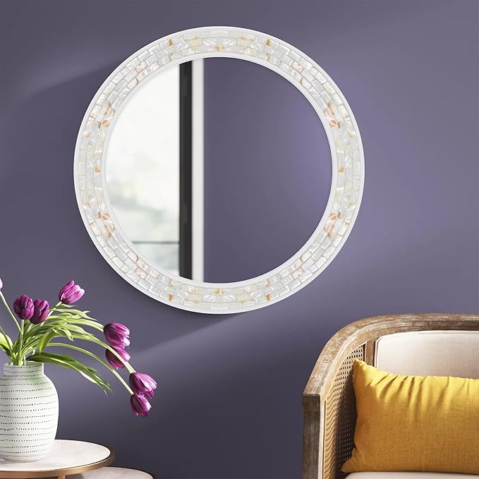 Tanmicoshomy Round Wall Mirror 24 Inch,Circle Mosaic Mirror with Natural Mother of Pearl and Wood Frame, Decorative Coastal Round Wall Mirror for Bathroom Bedroom Living Room Entryway