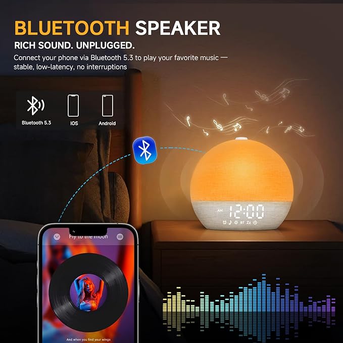 Geuuap Sunrise Alarm Clock White Noise Sound Machine for Bedroom | Natural Wake-Up Light with 30 Soothing Sleep Aids, Bluetooth Speaker, Dimmable Clock, Screen-Free Design for Baby Adults Kids-White