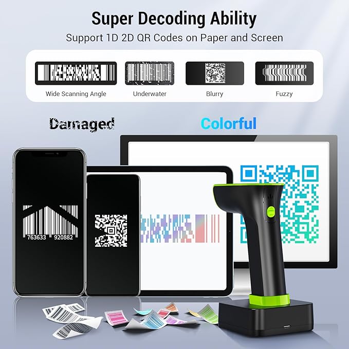 Tera Barcode Scanner Wireless with Screen: Pro Version 1D 2D QR with Digital Setting Keypad Power Switch Charging Cradle Works with Bluetooth 2.4G Wireless Bar Code Reader HW0015 Green