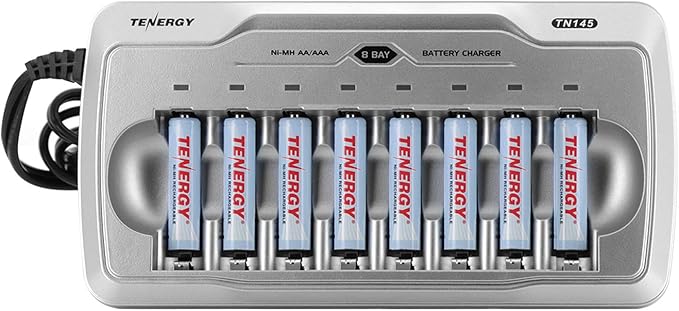 Tenergy TN145 8 Bay Charger and 8 Pack Rechargeable AAA Batteries, Independent Charging, UL & CE Certified