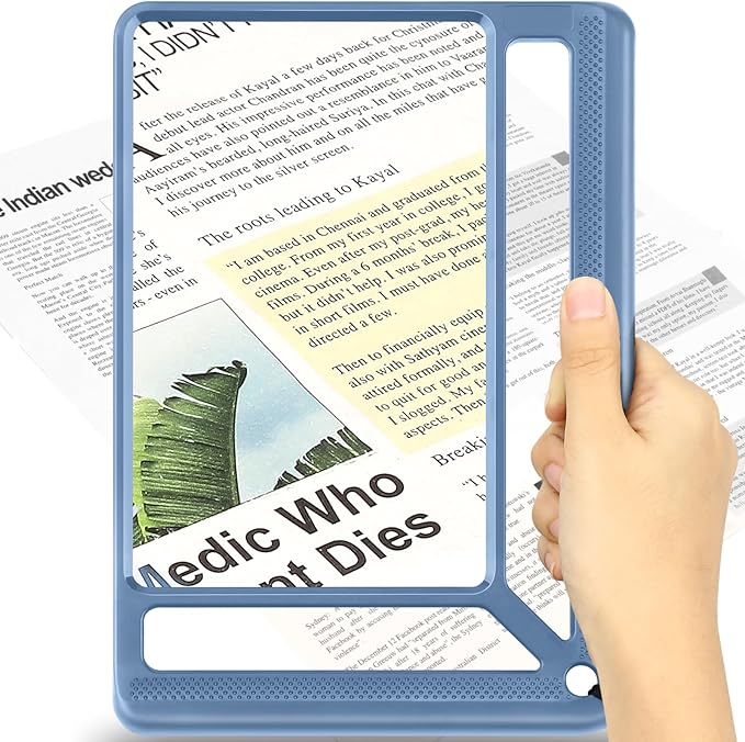 5X Full Page Magnifying Glass for Reading, Lightweight Rectangular Magnifier Provides Large Book Page Viewing Area, Handheld Magnifier for Reading Small Prints for Seniors, Low Vision-Blue