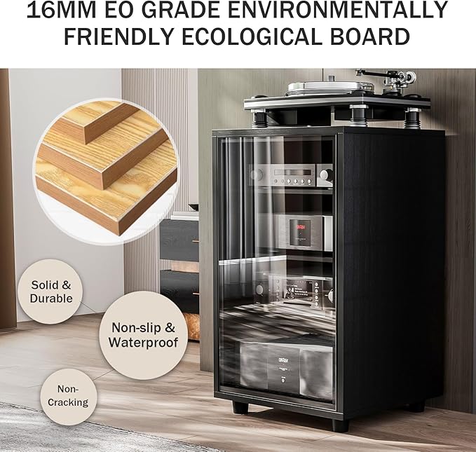 Grufle Media Storage Cabinet with Tempered Glass Door, 3 Adjustable Shelves Stereo Cabinet with Cable Management, AV Rack for Living Room/Gaming Setup/Home Studio Audio Rack (Black)