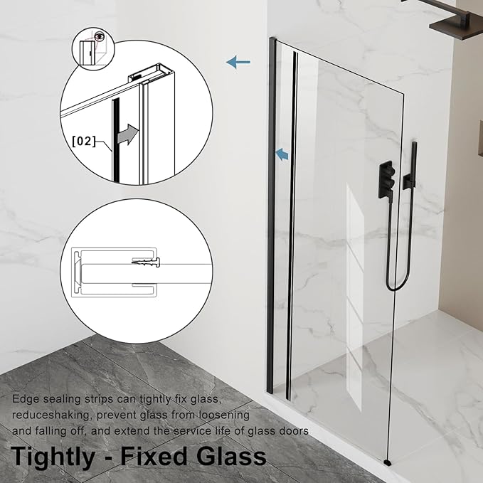 Bathbliss 36" W x 76" H Frameless Shower Glass Panel, 8mm Clear Tempered Glass, Fixed Walk-In Shower Screen, Matte Black Finish, Reversible Installation