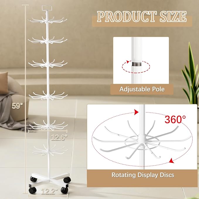 Exttlliy Retail Display Stand Store Display Rack 6 Tier Metal Spinning Display Stand Rack with Wheels Keychain Jewelry Stocking Hat Stand with Hooks for Malls, Showroom, Retail Store (6 Tier White)