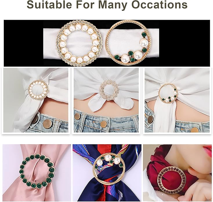 T-Shirt Clips 9 PCS, Clothes Corner Knotted Button, Fashion Alloy Pearl Rhinestone Circle Clip Buckle Round Shirt Silk Scarf