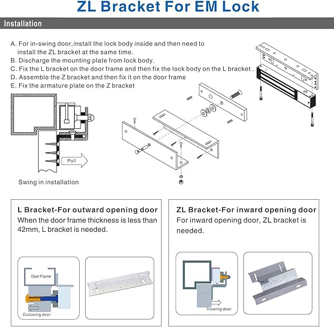 Z and L Bracket for 1200LBS 500KG Holding Force Electromagnet Lock Single Inward Door Access Control Electric Magnetic Door Lock