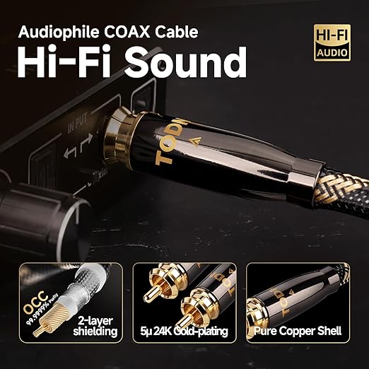TODN Hi-end Digital Coaxial Cable for Audiophile 75-Ohm SPDIF RCA to RCA Audio Cable for TV, Amp, HiFi Systems (9.8ft /3m)