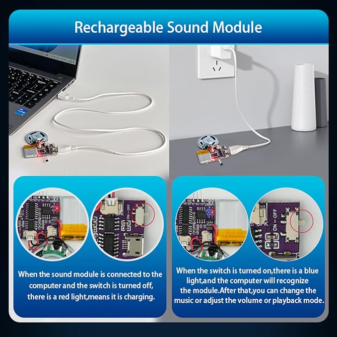 Voice Module,MP3 Music Sound Chips, 16MB Sound Module for Crafts, Christmas, New Year Greeting Cards, Box with Speaker Lithium Battery Powered and USB Cable. (JR-JX7004-Magnet Sound Module)