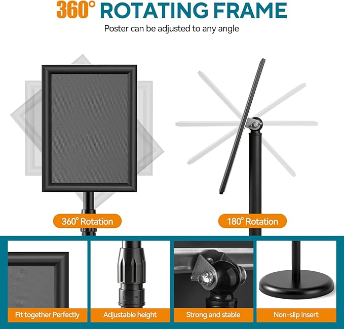 USCNC Sign Holder Stand 8.5x11 inch - Adjustable Floor Standing Sign Holder -Snap open frame,360° Rotation for Malls,Schools,Restaurants (Black 4 Pack)