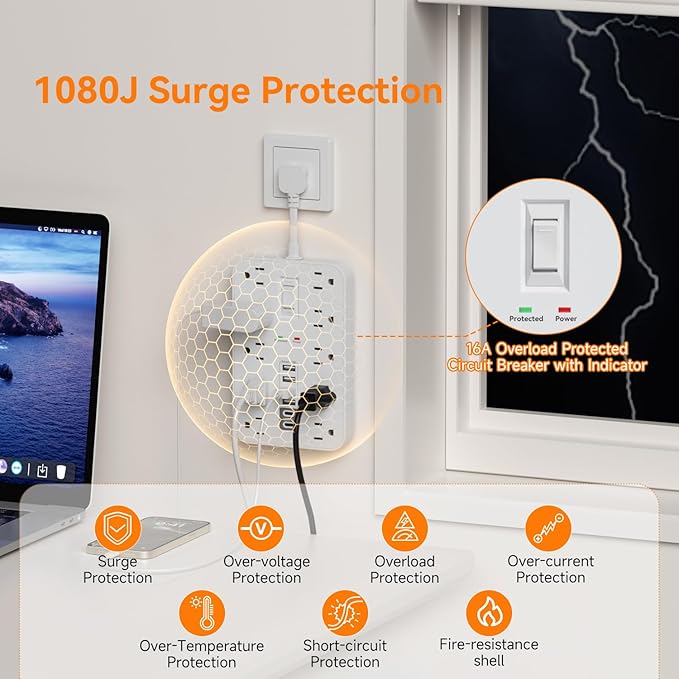 Short Extension Cord with USB and USBC Ports, Flat Outlet Extender with 10 AC Outlet 6 USB, 1 Switch & 2 LED Indicator, USB Wall Power Strip for Multiple Devices, for Home, Office, Dorm Essentials