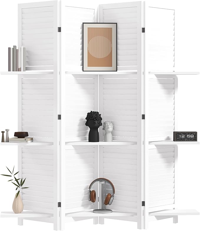 HOMCOM Room Divider, 4 Panel 67" Tall Wood Privacy Screen with 3 Display Shelves, and Folding Storage for Bedroom or Home Office, White