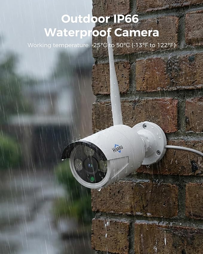 Hiseeu 4K Security Camera System, 24/7 Recording, 10.1" Touch Screen LCD 8MP Monitor, Wired Plug-in Powered 4Pcs 8MP Outdoor Cameras, Two-Way Audio, Color Night Vision, Motion Detection, 1TB HDD, IP66