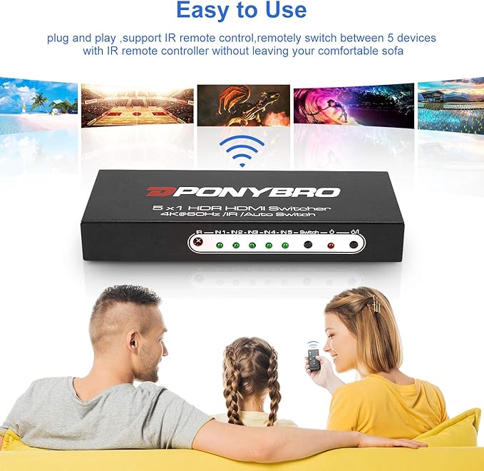 PONYBRO HDMI 2.0 Switch 5 Port 4K@60Hz Auto-Switching – 5 in 1 Out with Remote, HDR10, 3D, Ultra HD for PS5/Xbox/PC/Fire TV, Zero Delay