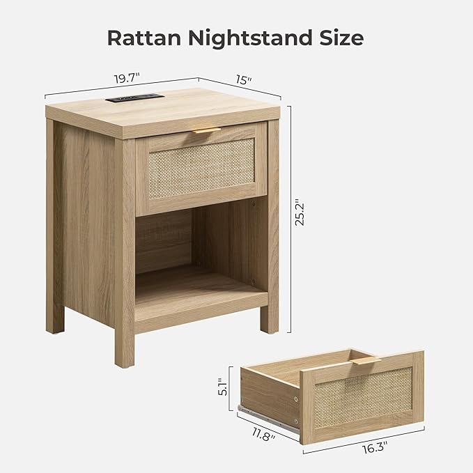 SICOTAS Night Stand Set of 2 with Charger Station Rattan Nightstands with Drawer Farmhouse Bedside Table with USB and Type-C Ports Boho End Side Table for Bedroom Small Space, Light Oak