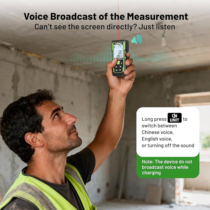 Laser Measure Device 3-in-1, Huepar 330ft Laser Measurement Tool & 33ft Cross Laser Level & 6.5ft Tape Measure, Rechargeable, Voice Broadcast, Multi-Mode, Rugged for Construction & Home Use, SW-T100