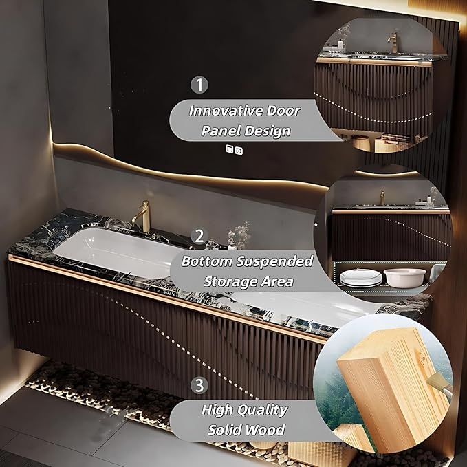 Double Sink Bathroom Vanity - Bathroom Vanities with Tops & Smart Defogging LED Lamp | Innovative Door Panel Design with Concealed Handle, Metal Faucet (Brown, 64IN)