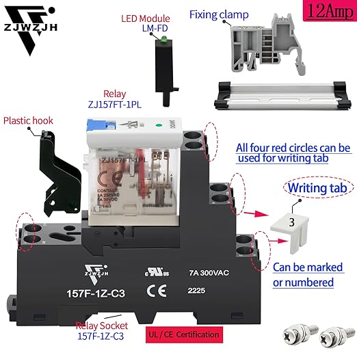 UL Listed 6 Pcs 12Amp Din Rail Relay 24V DC Relay Coil, 5 Pin SPDT 1NO 1NC with Test Button, LED Module Light, Socket Base, DIN Rail