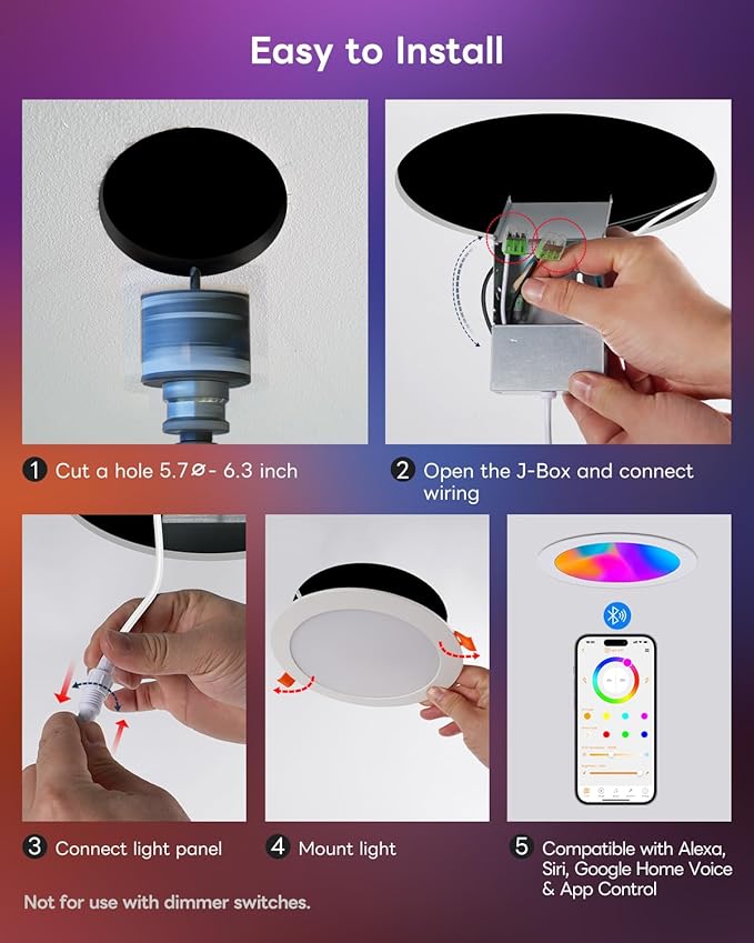 Smart Recessed Lighting 6 Inch, RGBCW Color Changing Canless Recessed Ceiling Lights, Dimmable Retrofit Downlight Compatible with Alexa, Siri, Google Voice & App Control with Junction Box, 1Pack
