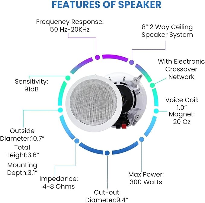 Home Stereo System Kit – 7.2 Channel 2500 W Bluetooth Amplifier w/ 4 Qty of 8” Framed Ceiling Speakers 300 W Each, Mic, 200 ft Speaker Wire & Remote Ideal for Home, Office, Restaurant by Vaiyer