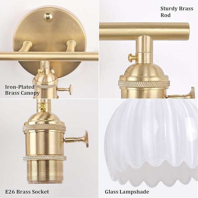 Shenmoyl Bathroom Light Fixtures, 3-Light Brass Vanity Wall Light Over Mirror with White Tulip Glass Shade for Bedroom Living Room (Bulb Not Included)