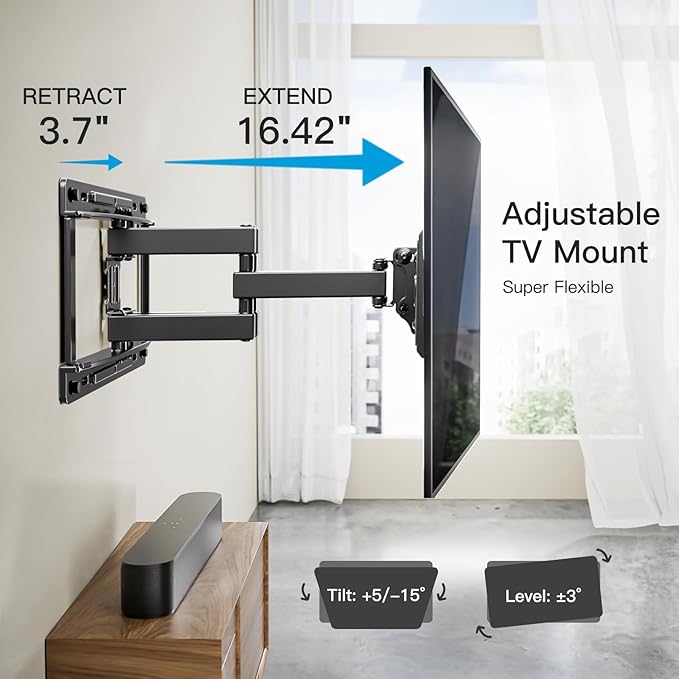 Pipishell TV Wall Mount, Full Motion Wall Mount with Dual Arms, Swivel, Extension for 26-65 inch Flat or Curved TVs up to 99 lbs, Max VESA 400x400mm, 3 Bracket Heights, Fits 12″/16″ Wood Studs, PIMF4