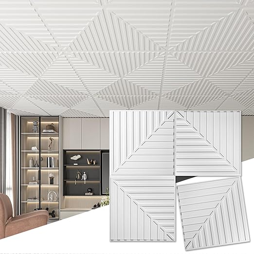 Art3d 12-Pack Drop Ceiling Tiles 2x2 FT, PVC 3D Textured Panels for Interior Wall Decor Living Room Bedroom Office, 24x24 Inch, White
