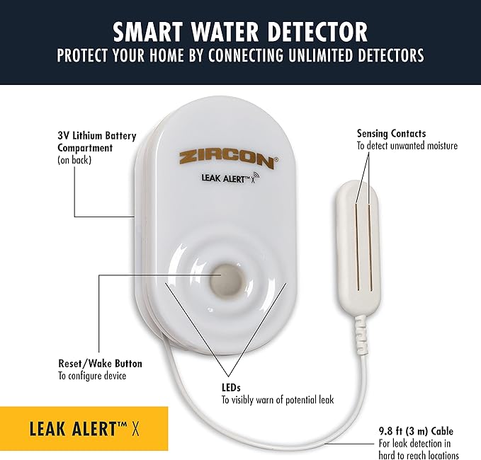 Zircon Leak Alert X – Smart Electronic Water Detector with 9.8 ft Cable – Email, Audio, & Visual Alerts, Battery Included,White