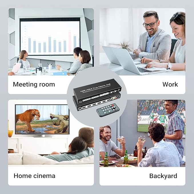 FERRISA 8K 4X2 HDMI Matrix 4 in 2 Out HDMI 2.1 Matrix HDMI Video Switcher Splitter +Optical & L/R Audio Output,Support 4K 120Hz,HDR10 HDCP2.3 Dol-by Vision Atmos SPDIF 5.1CH ARC CEC with IR Remote