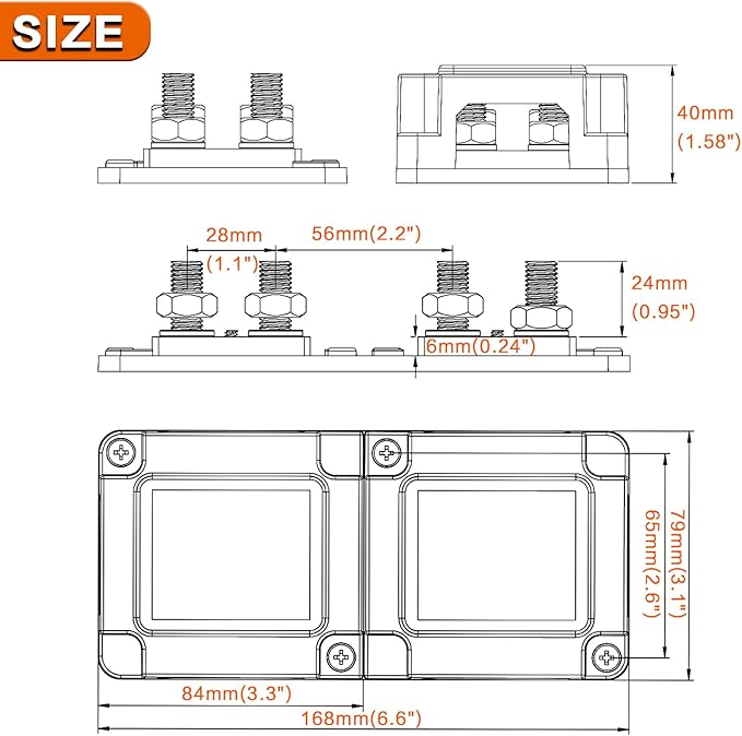 AMOMD 400A Bus Bar 8 M10 (3/8 inch) Terminal Studs Modular Design Tin Plated Copper Distribution Block Negative Pole Electrical Buss Bars 12-48 V DC with Cover for Trailer Marine Boat Car RV