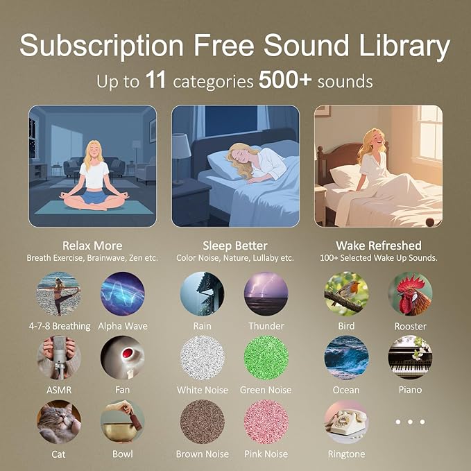 Hotmoon Alarm Clock with Sound Machine for Sleep, Luna Pro Dual-Stage Alarm, 507 Non Looping Sounds, Smart Night Light & Timer, Pink Green Brown White Noise Machine for Sleeping, Plug in, Cool Gray