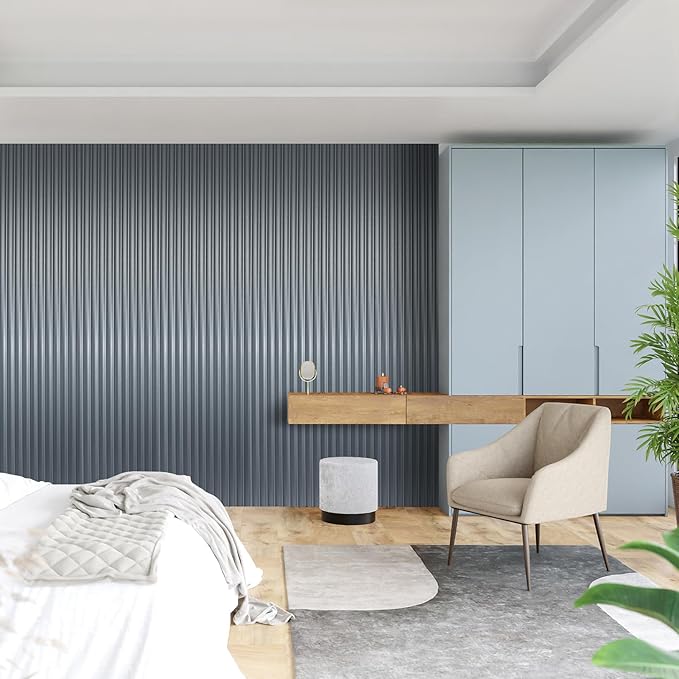 Art3dwallpanels Slat Wall Paneling, 104'' x 6.3'' Glossy Metal Finish WPC Soundproof 3D Wall Panels for Interior Wall Decor, 8 Pack Wavy Grain Panel Wall Slats, Metallic Silver Dark Gray