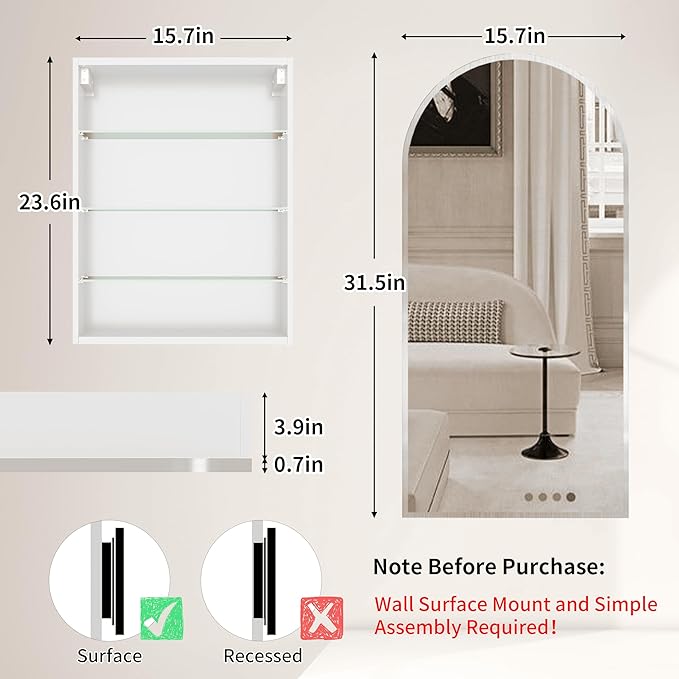 Silver Medicine Cabinet with Arched Mirror, Left or Right Opening, Mirrored Medicine Cabinet Wall Mounted, Bathroom Vanity Mirror with Storage, Adjustable Shelves, Not Recessed, 16x32 inch