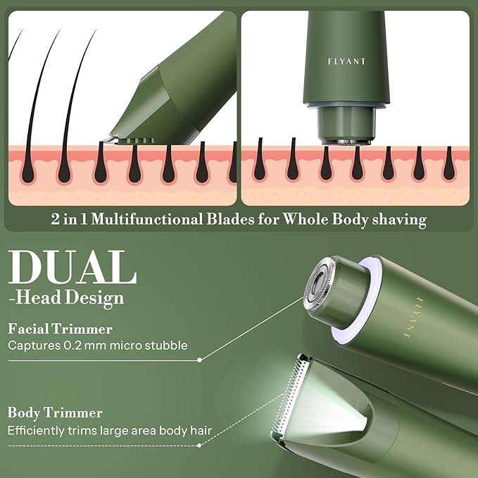 Bikini Trimmer for Women, Flyant 2 in 1 Electric Shaver for Women, Pubic Hair Trimmer Waterproof IPX7 with LED, Bikini Razor for Leg Arm Underarm Bikini Area, Christmas Gifts for Her - Dark Green