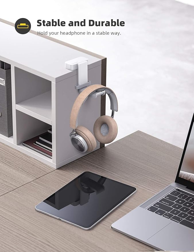Lamicall Headphone Stand, Sticky Headset Hanger - 360 Degree Rotation Earphone Adhesive Hook Holder Mount, Table Headphone Stand with Cable Organizer, Headset Clamp for HyperX, Sennheiser -White
