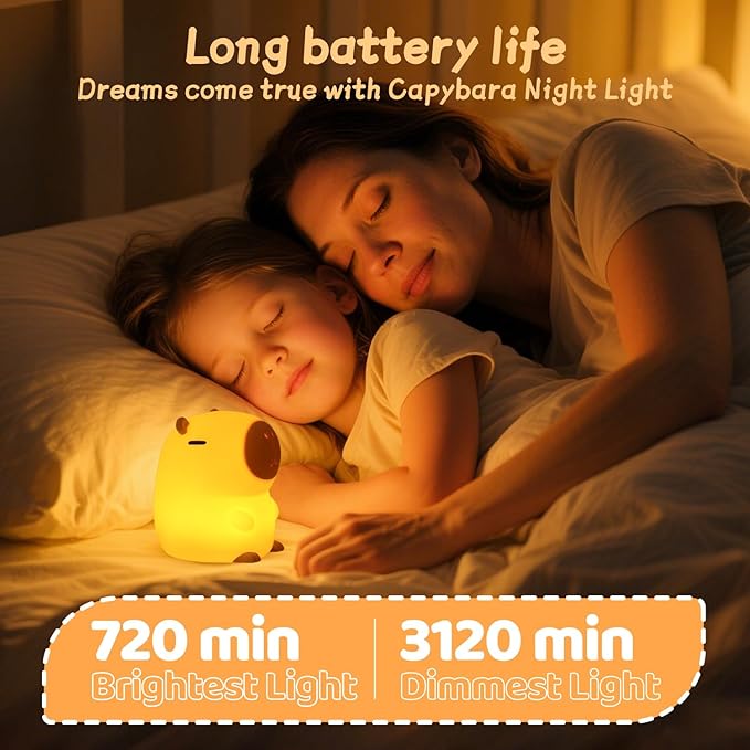 Rytinazzz Capybara Night Light, 50-Hour Battery & Pat Control, Squishy Animal Lamp for Kids Room, USB Rechargeable with Timer, Valentines Gifts