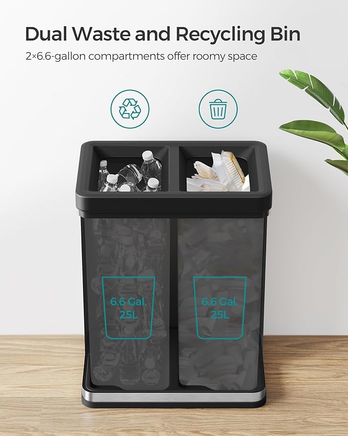 SONGMICS 2 x 6.6 Gallon Open Top Trash Can, Dual Compartment Garbage Can for Waste and Recycling, Stainless Steel, Trash Bin for Office, Restaurant, Commercial Use, Metallic Silver ULTB710E50