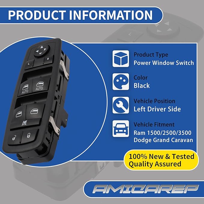 AMICAREP Master Power Window Switch Driver Side Compatible with 2012-2015 Dodge Grand Caravan Ram 1500 2500 3500 Town & Country 9+3 Pin 4 Door Replaces# 68110866AB