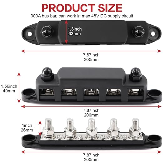 Tuijodaix 300A Bus Bar 5 Post 12V-48V DC Power Distribution Block,5 * 3/8"(M10) Battery Terminal Studs with Cover and Wire Lugs for Wiring,Automotive,Marine,Battery busbar (Red&Black)