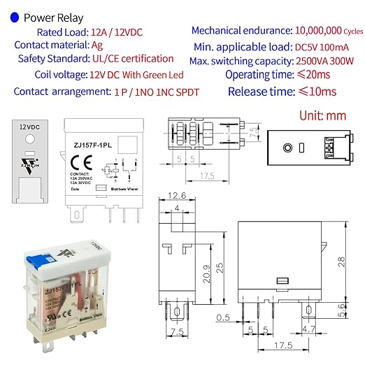 ZJWZJH 12 Amp Power Relay Switch 12V DC Relay Coil, 5 Pin SPDT 1NO 1NC with Test Button, LED Module Light, Socket Base, DIN Rail, UL Certification (5 Pin- 12A, DC 12V)