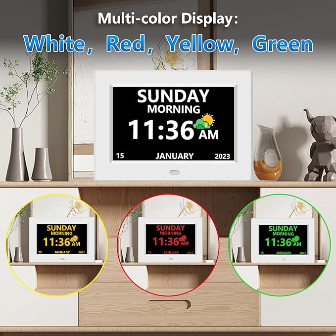 LXBYJKJ 7 Inch Digital Clock with Day and Date for Elderly Alzheimer's Clock Customizable Alarms 3 Display Modes Large Font Alarm Clock for Seniors Auto DST White