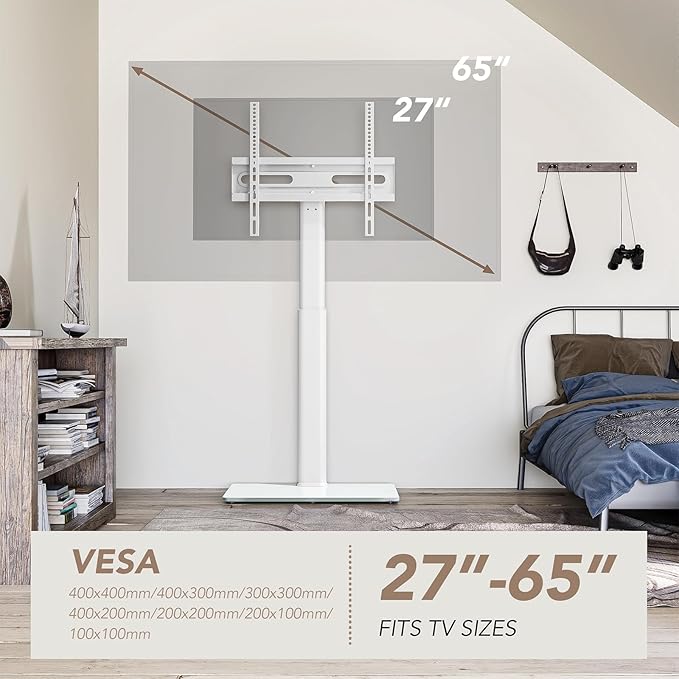 AX WABER Universal Floor TV Stand with Mount 70 Degree Swivel 9 Level Height Adjustable and Space Saving Design for Most 27 to 65 inch LCD, LED OLED TVs, Perfect for Corner & Bedroom White AX1006TW