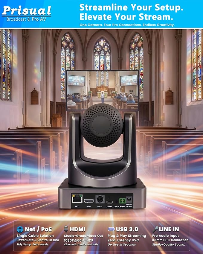 Prisual NDI 6.1.1 PTZ Camera, Ai Auto-Tracking, 20x Optical Zoom LAN USB3.0 PoE HDMI PTZ Camera for Church Services Worship Education Live Events(Official NDI Certified) PT20X-UL-N