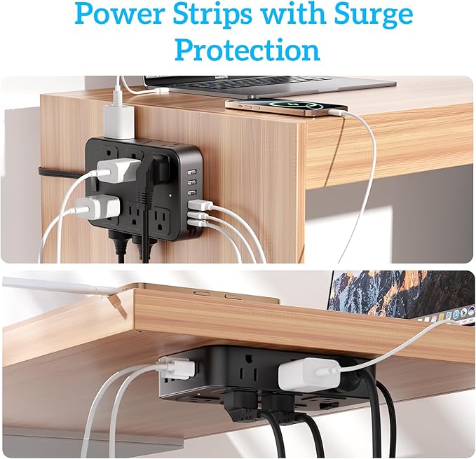 Solidock Flat Plug Power Strip Surge Protector 5 Ft Extension Cord with 12 AC Outlets 6 USB Ports 3 Side Multi Plug Outlet Extender Home Office Kitchen Dorm Room Wall Desk Charging Station ETL Listed