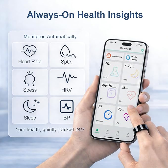 Smart Ring Health & Fitness Tracker for Men & Women, Heart Rate, SPO₂, Sleep & Activity Monitoring, IP68 Waterproof, Long Battery Life, Family Care Mode, No Subscription Fee (Black, 9)