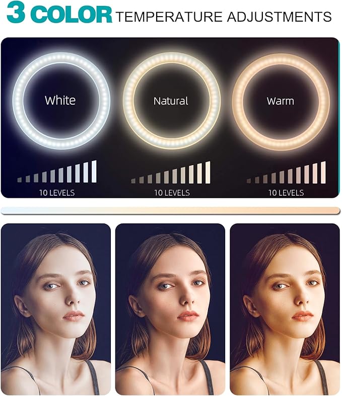 10" Selfie Ring Light with 10" Stand and 60" Selfie Stick, 3 Color Light - Image 2