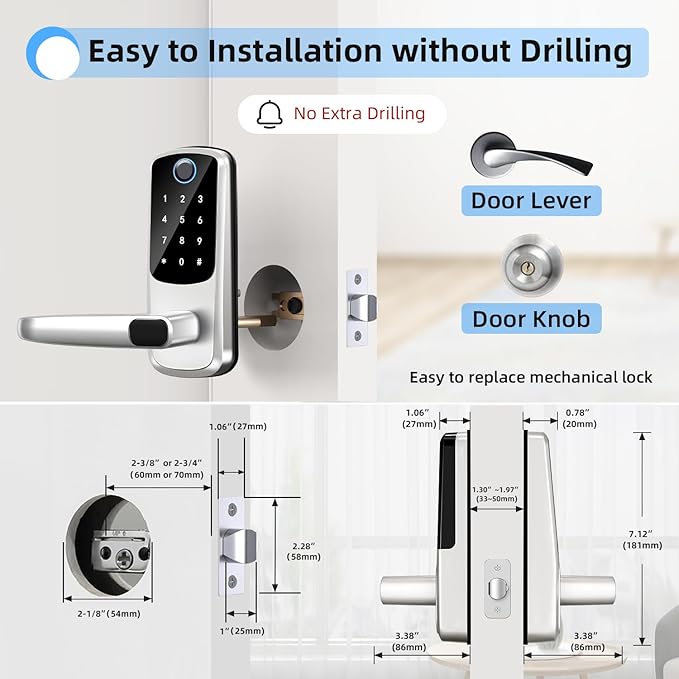 Smart Door Lock with Handle,Keyless Entry Door Locks, 8-in-1 Fingerprint Keypad Exterior Lock - Smart Locks for Front Door - Digital Electronic Smart Lock with Code & APP Control (Silver)