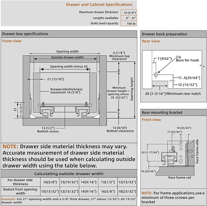 Chibery 12 15 18 21 Inch Undermount Soft Close Drawer Slides, Full Extension 3D Locking Device, Rear Mount Brackets, Concealed Bottom Mount Rails for face Frame Cabinet, 100 LB（18 inch, 6 Pair）