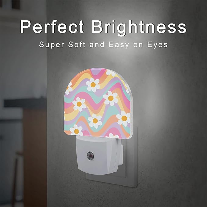 sndheke Groovy Hippie Daisies Flowers Night Light for Kids,Retro Rainbow Wavy Floral Night Light Plug in with Dusk to Dawn Sensor,0.5w Energy Saving Nightlight for Hallway Stairway Kitchen Bedroom