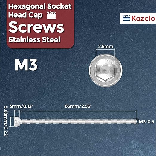 Kozelo 10pcs Socket Head Cap Screws - [M3-0.5 x 65mm] 304 Stainless Steel Allen Socket Drive for Electrical Motor 3D Printing Fan Engine Replacement Use, Silver