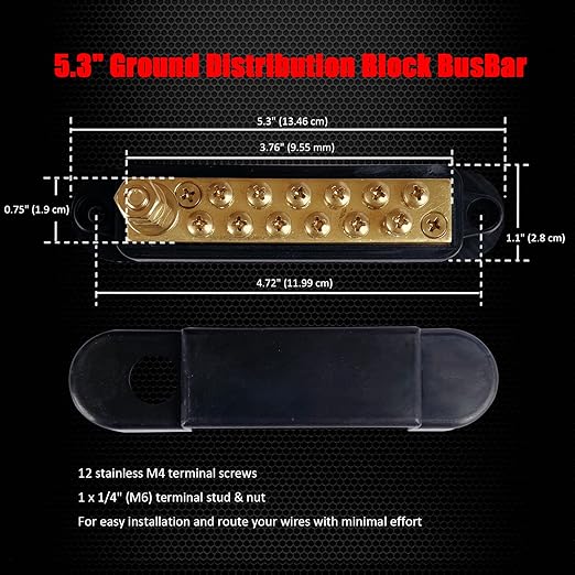1/4" Stud Power Distribution Block Bus Bar with 12 x #8 Screws, Ampper 5.3" 12V 150A Marine BusBar Brass Battery Distribution Block W/Cover for Car Boat Solar (Black)